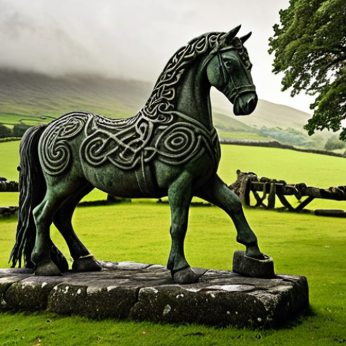 Home 19 **"Celtic horse deity statue amidst lush green Irish landscape, misty background, ancient runes carved into the stone base, dramatic lighting."** (This captures the ancient roots and mythical connection of horses in Ireland.)