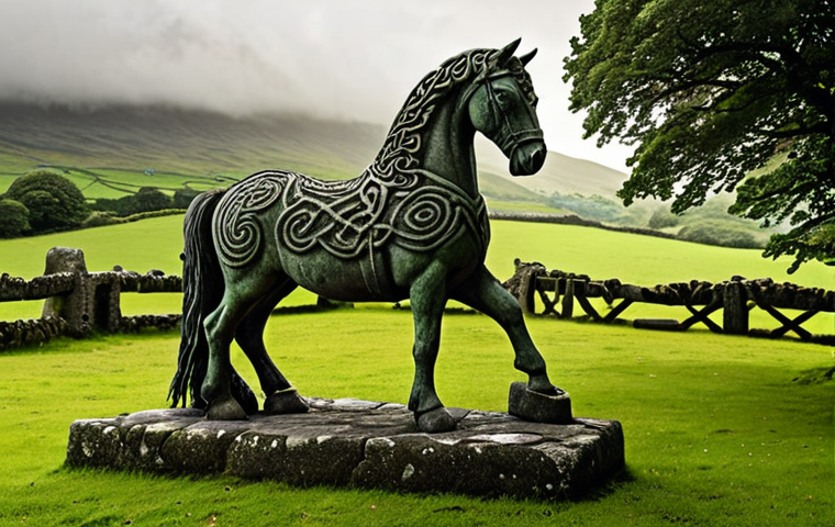 **"Celtic horse deity statue amidst lush green Irish landscape, misty background, ancient runes carved into the stone base, dramatic lighting."** (This captures the ancient roots and mythical connection of horses in Ireland.)