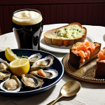 **A table laden with Irish food.** The spread includes fresh Galway oysters with lemon, smoked Irish salmon on toast, a steaming bowl of Irish stew, soda bread with butter, colcannon, and a slice of Guinness chocolate cake. A glass of Irish whiskey sits beside the food.