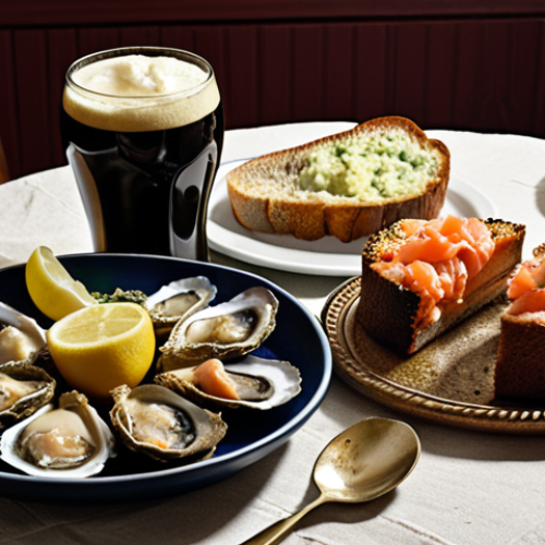 Home 18 **A table laden with Irish food.** The spread includes fresh Galway oysters with lemon, smoked Irish salmon on toast, a steaming bowl of Irish stew, soda bread with butter, colcannon, and a slice of Guinness chocolate cake. A glass of Irish whiskey sits beside the food.