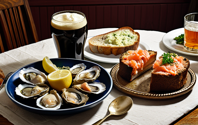 **A table laden with Irish food.** The spread includes fresh Galway oysters with lemon, smoked Irish salmon on toast, a steaming bowl of Irish stew, soda bread with butter, colcannon, and a slice of Guinness chocolate cake. A glass of Irish whiskey sits beside the food.