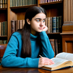 A thoughtful young student, of diverse background, wearing a modest professional sweater and sensible trousers, seated intently at a classic wooden desk in the historic Long Room Library of Trinity College Dublin. Ancient bookshelves tower in the background, filled with countless books. The student is holding an open book, looking up with a focused and curious expression, embodying academic ambition and deep intellectual engagement. The scene is well-lit, conveying a sense of scholarly pursuit. fully clothed, modest clothing, appropriate attire, professional dress, safe for work, appropriate content, perfect anatomy, correct proportions, natural pose, well-formed hands, proper finger count, natural body proportions, professional photography, high quality, family-friendly.