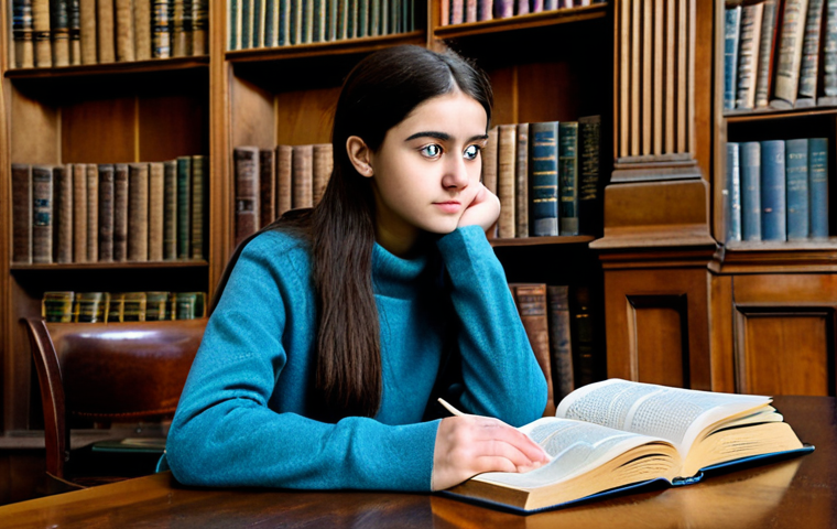 A thoughtful young student, of diverse background, wearing a modest professional sweater and sensible trousers, seated intently at a classic wooden desk in the historic Long Room Library of Trinity College Dublin. Ancient bookshelves tower in the background, filled with countless books. The student is holding an open book, looking up with a focused and curious expression, embodying academic ambition and deep intellectual engagement. The scene is well-lit, conveying a sense of scholarly pursuit. fully clothed, modest clothing, appropriate attire, professional dress, safe for work, appropriate content, perfect anatomy, correct proportions, natural pose, well-formed hands, proper finger count, natural body proportions, professional photography, high quality, family-friendly.