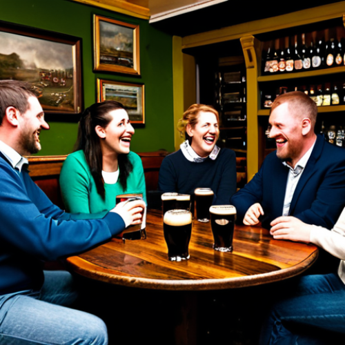 Home 8 A diverse group of adults, fully clothed in modest, appropriate attire, gathered around a dark wooden table inside a cozy, traditional Irish pub. Pints of Guinness are on the table, and the patrons are engaged in animated conversation and genuine laughter, reflecting the lively "craic." The pub interior features warm, dim lighting, rustic wooden furniture, and shelves filled with curious objects, creating an inviting and authentic atmosphere.
perfect anatomy, correct proportions, natural pose, well-formed hands, proper finger count, natural body proportions, safe for work, appropriate content, fully clothed, family-friendly, professional photography, high quality.