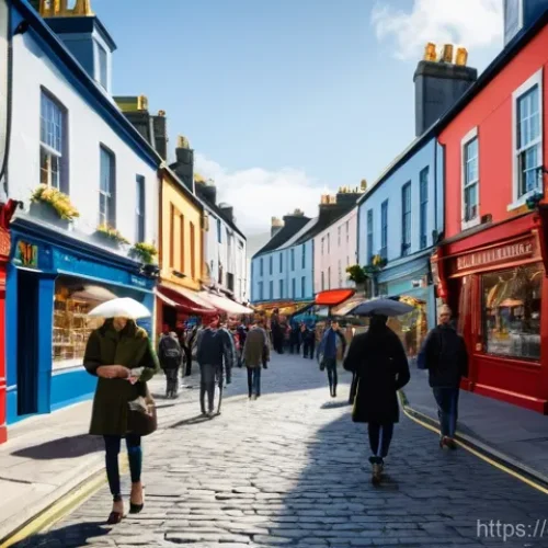 아일랜드에서의 영어 vs 게일어 - **Prompt:** A bustling street scene in a picturesque Irish city, reminiscent of Galway. The image ca...