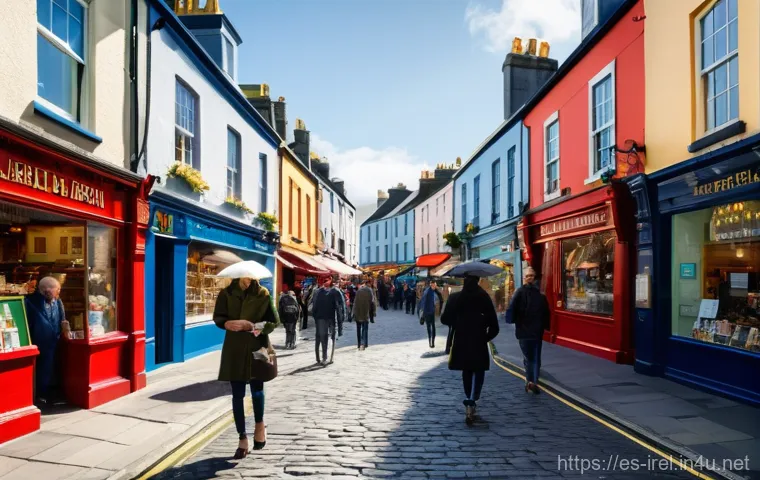 아일랜드에서의 영어 vs 게일어 - **Prompt:** A bustling street scene in a picturesque Irish city, reminiscent of Galway. The image ca...