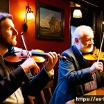 아일랜드 전통 음악과 악기 - **Prompt:** A lively, authentic Irish traditional music session (trad sesh) taking place in a cozy, ...