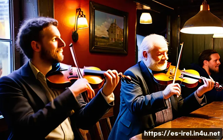 아일랜드 전통 음악과 악기 - **Prompt:** A lively, authentic Irish traditional music session (trad sesh) taking place in a cozy, ...