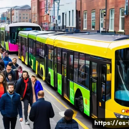 아일랜드에서의 안전 문제 및 여행 경고 - A vibrant urban scene in Dublin during rush hour, showing diverse commuters on a crowded bus and tra...