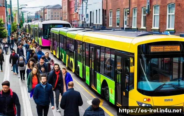 아일랜드에서의 안전 문제 및 여행 경고 - A vibrant urban scene in Dublin during rush hour, showing diverse commuters on a crowded bus and tra...