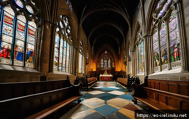 더블린 여행 가이드 - A detailed, atmospheric image of the interior of Dublin Castle’s Royal Chapel, showcasing its Gothic...